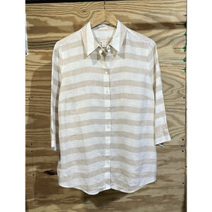 Chico’s Linen Stripe No Iron Button-Front Tunic Shirt Size 2 Large Beige White